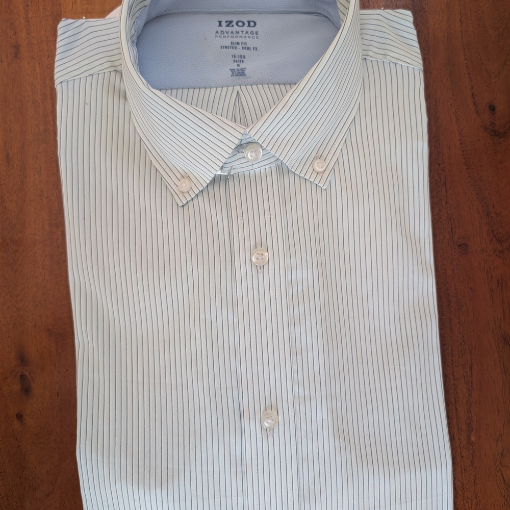 Izod Men's White Dress Shirt with Light Blue Pinstripes